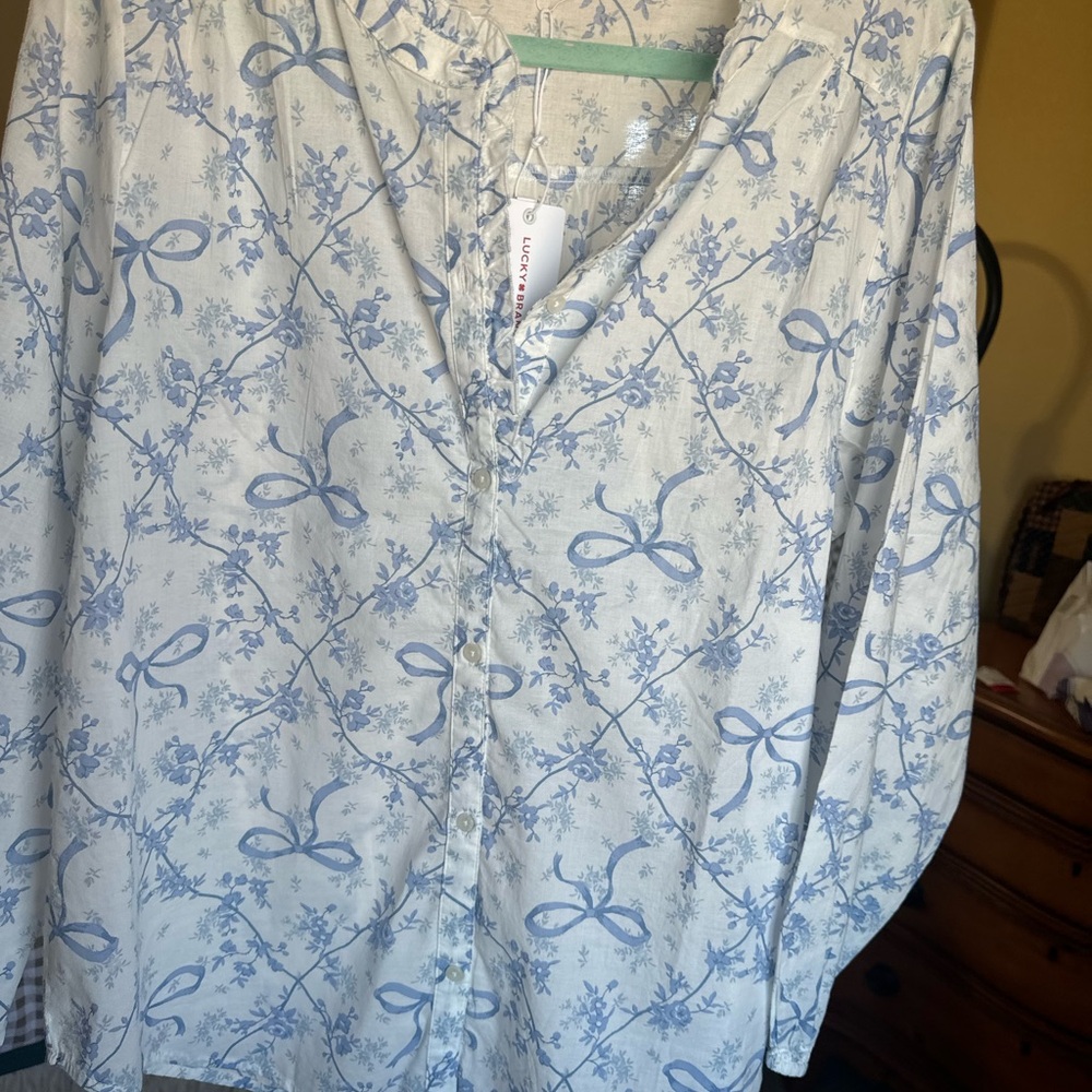 Lucky Brand White Blouse with Light Blue Bow & Floral Print